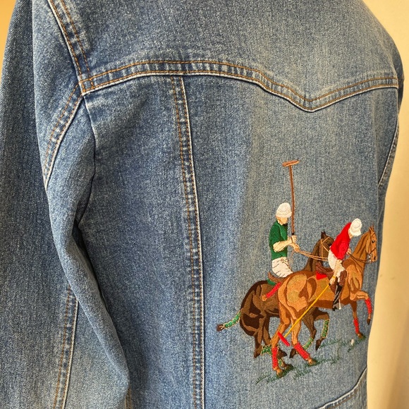 OOAK EMBROIDERED POLO PONY HORSE SCENE Denim Coat by Halogen Woman’s S Vtg RARE! - Picture 12 of 15